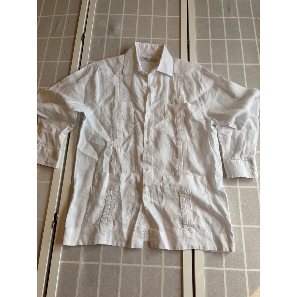 Mojito Guayabera Shirt‎ Mens Sz M White Linen 4 Pocket Cuban Miami Party Beach